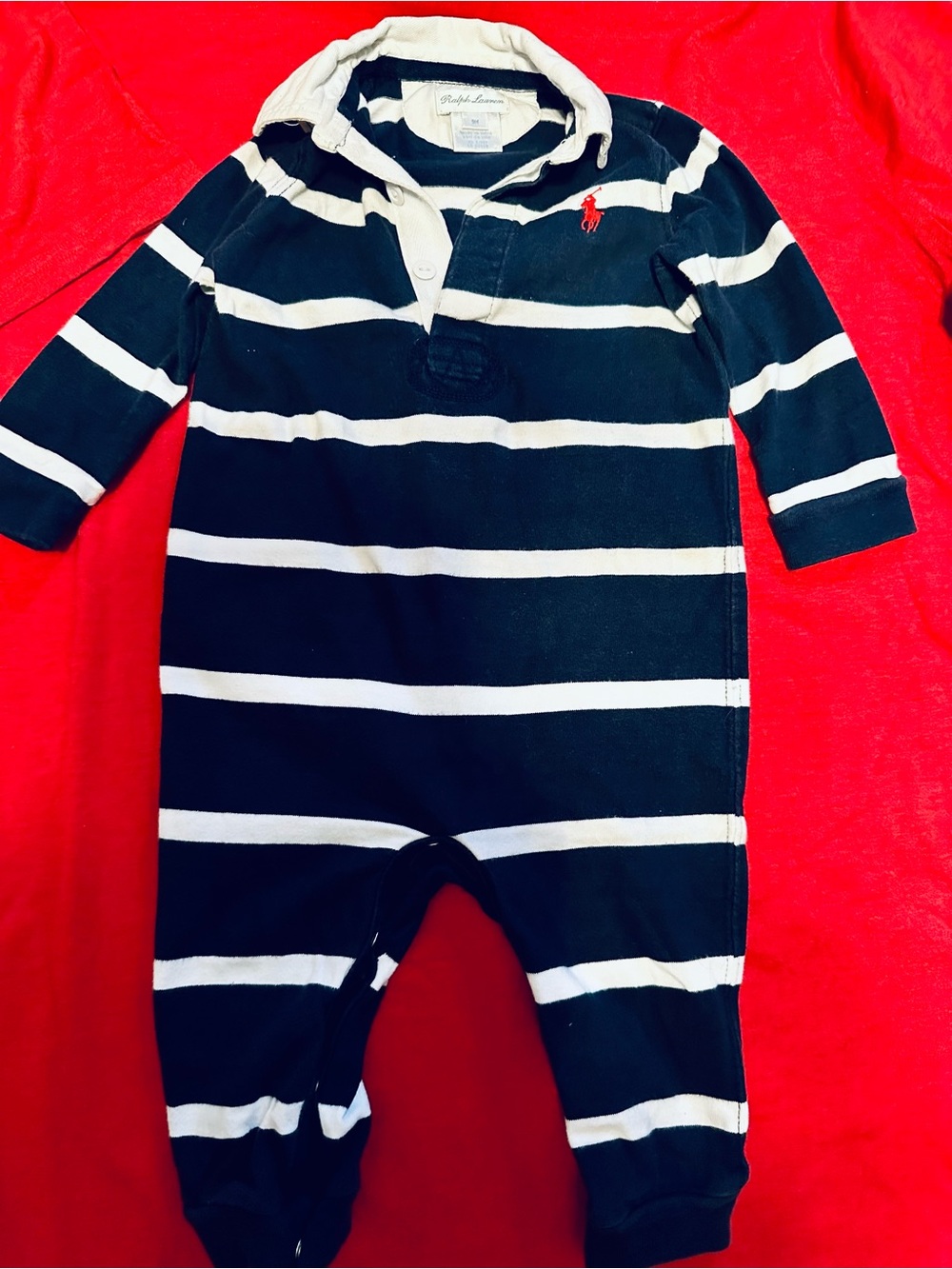 Ralph Lauren Navy & White Rugby Striped Baby One-Piece Classic Preppy